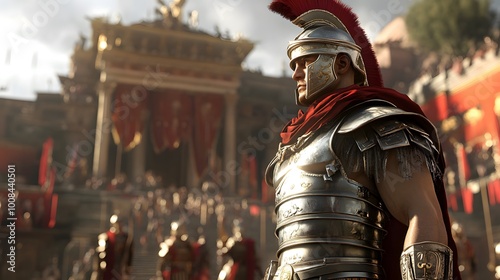 17. Roman centurion in ceremonial armor standing before a temple