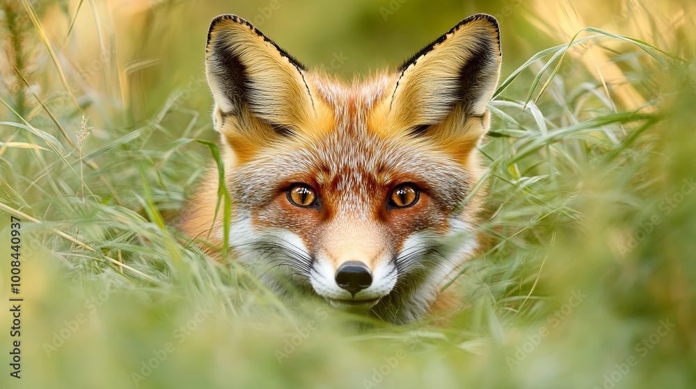 Fototapeta premium A close-up shot of a curious red fox peering through the tall grass