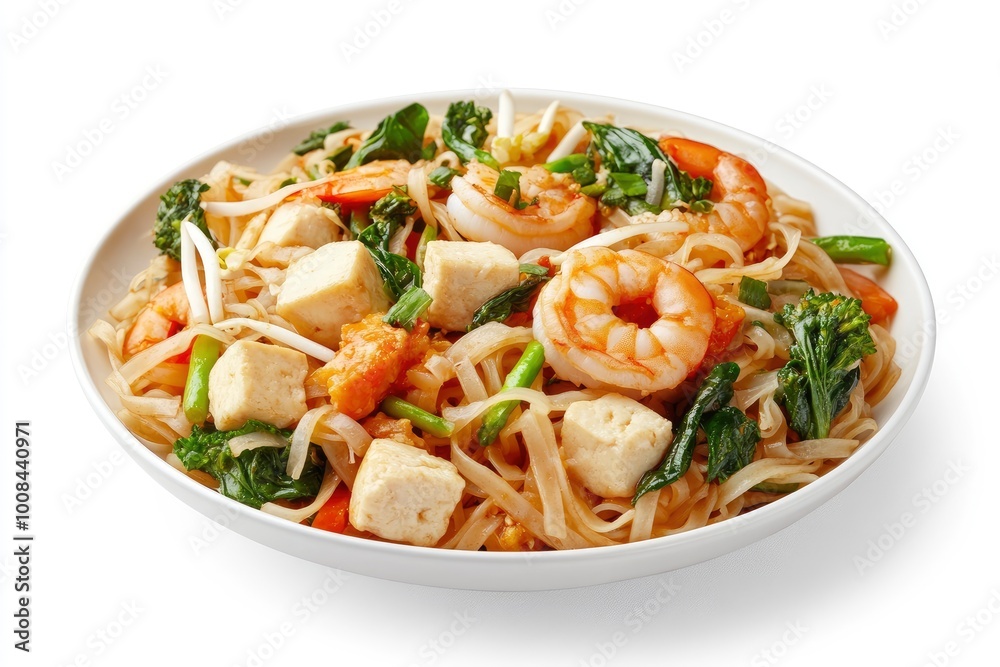 Shrimp Pad Thai made with organic rice noodles, a common menu item at Asian restaurants, usually contains vegetables and tofu. isolated on white background. Asian, Chinese, Thai food - generative ai Shrimp Pad Thai made with organic rice noodles, a common menu item at Asian restaurants, usually contains vegetables and tofu. isolated on white background. Asian, Chinese, Thai food - generative ai