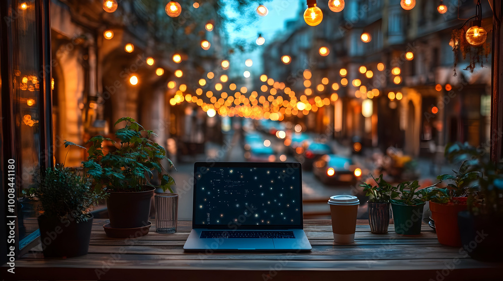 Evening Cafe Photo: Laptop, Coffee, and City Lights Evening Cafe Photo: Laptop, Coffee, and City Lights