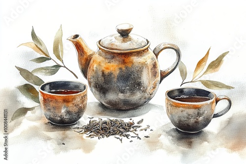 A cozy watercolor composition showcasing a rustic, hand-painted teapot alongside two photo