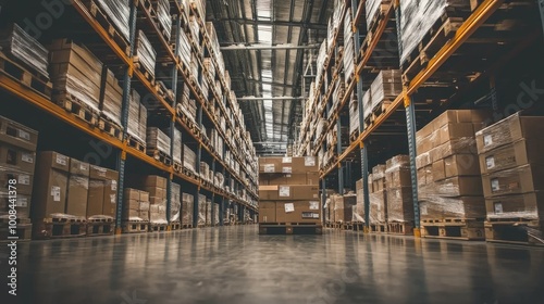 Clean, open warehouse floor with pallets stacked neatly and industrial shelving units, highlighting the organized storage system.