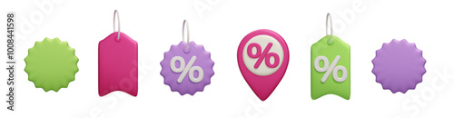 Set of different 3d discount price tags vector illustration. Special offer voucher, percent sign shopping label, online sale sticker, discount price tag 3d icon set. Retail marketing design elements.
