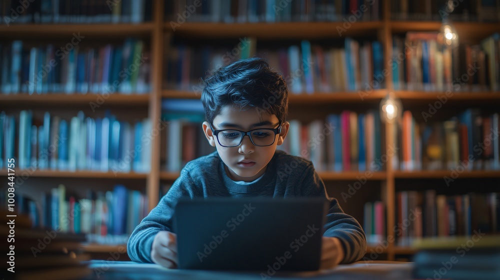 Young boy is using a laptop in a library, surrounded by shelves full of books Young boy is using a laptop in a library, surrounded by shelves full of books