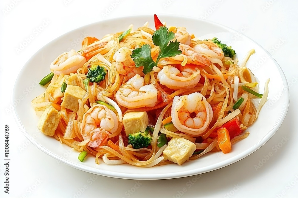 Shrimp Pad Thai made with organic rice noodles, a common menu item at Asian restaurants, usually contains vegetables and tofu. isolated on white background. Asian, Chinese, Thai food - generative ai Shrimp Pad Thai made with organic rice noodles, a common menu item at Asian restaurants, usually contains vegetables and tofu. isolated on white background. Asian, Chinese, Thai food - generative ai