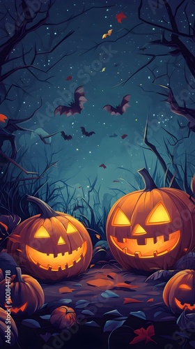 Enchanting Halloween Scene with Glowing Pumpkins Bats and Haunting Forest Backdrop