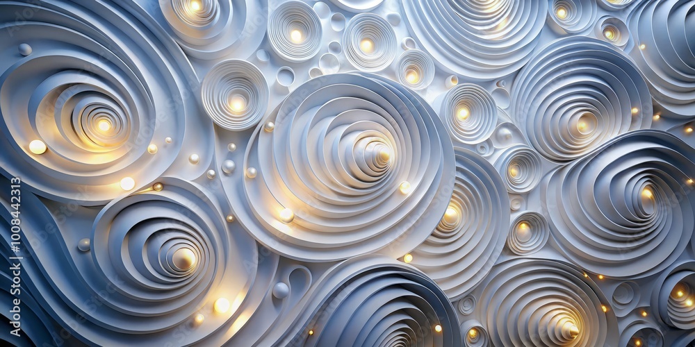 An elegant white spiral motif with a textured 3D background, complemented by abstract circles and waves, ideal for An elegant white spiral motif with a textured 3D background, complemented by abstract circles and waves, ideal for