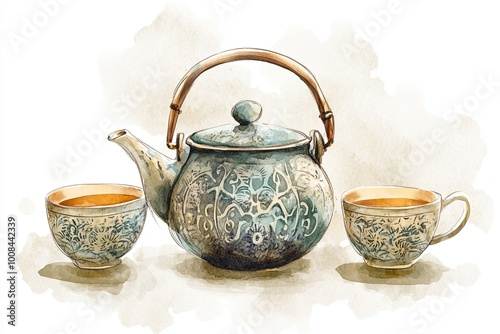 An elegant watercolor featuring a classic Japanese teapot photo