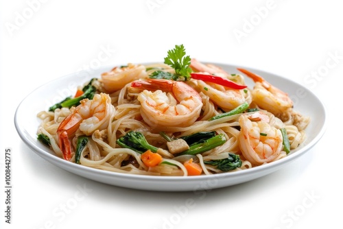 Shrimp Pad Thai made with organic rice noodles, a common menu item at Asian restaurants, usually contains vegetables and tofu. isolated on white background. Asian, Chinese, Thai food - generative ai