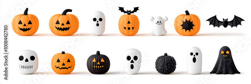 Halloween Pumpkins, Bat and Ghost Decorations on White Backdrop. Trendy Funny 3D Cartoon. Modern Minimal Geometric Festive Seasonal Party Art, Vibrant Colours. Marketing Banner, Social Media Header