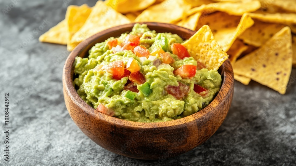 Close-up of creamy guacamole in a wooden bowl with salted tortilla chips on a grey marble background. A colorful and tasty snack option. Close-up of creamy guacamole in a wooden bowl with salted tortilla chips on a grey marble background. A colorful and tasty snack option.