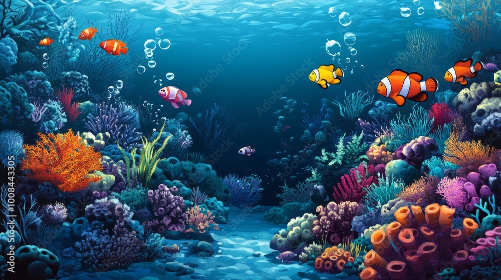 Fototapeta premium Colorful fish swim amongst vibrant coral reefs in a peaceful underwater scene.