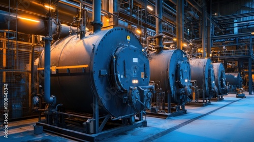 Industrial facility with large boilers in a dimly lit environment.