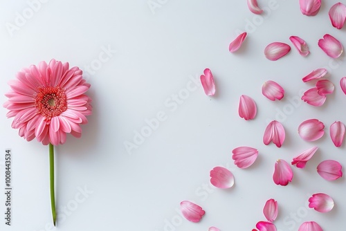 Simple flat lay with a pink flower and petals arranged on a white surface,