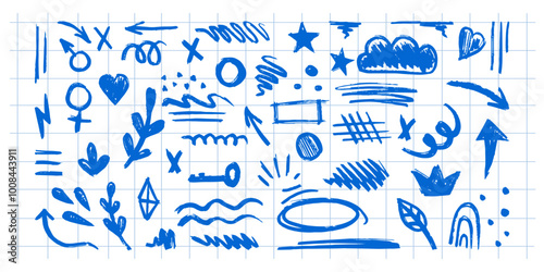 Hand-drawn pencil color brush elements on checkered background, brush with crayon effect. Vector illustration in children's style. Crayon brush colored scribble, square, spiral, arrow.