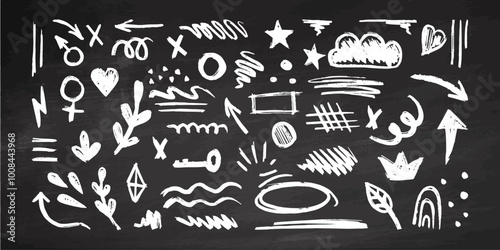 Hand-drawn pencil color brush elements on chalkboard background, brush with crayon effect, chalk texture. Vector illustration in children's style. Crayon brush colored scribble, square, spiral, arrow.