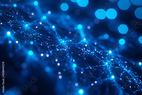 Blue digital network connections with glowing dots in an abstract design representing technology and data flow