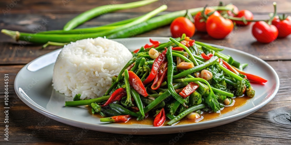 Delicious Thai stir-fried morning glory, enhanced with garlic and chili, presented alongside freshly steamed rice for a perfect harmony of taste and color. Delicious Thai stir-fried morning glory, enhanced with garlic and chili, presented alongside freshly steamed rice for a perfect harmony of taste and color.