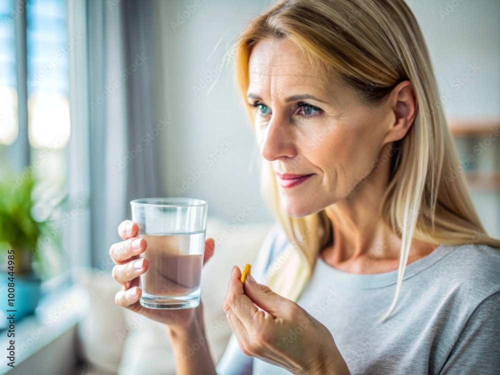 Minimal close up of adult woman taking vitamin pill and holding glass of water at home copy space Minimal close up of adult woman taking vitamin pill and holding glass of water at home copy space
