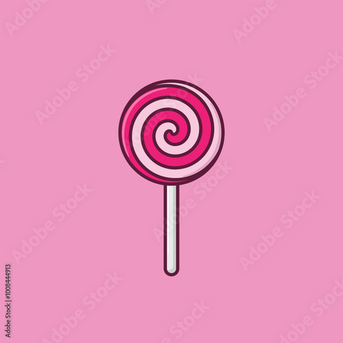 Flat Strawberry Flavour Sweet Lollipop Illustration Vector Icon