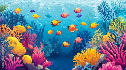 Colorful fish swimming in a vibrant underwater coral reef scene.