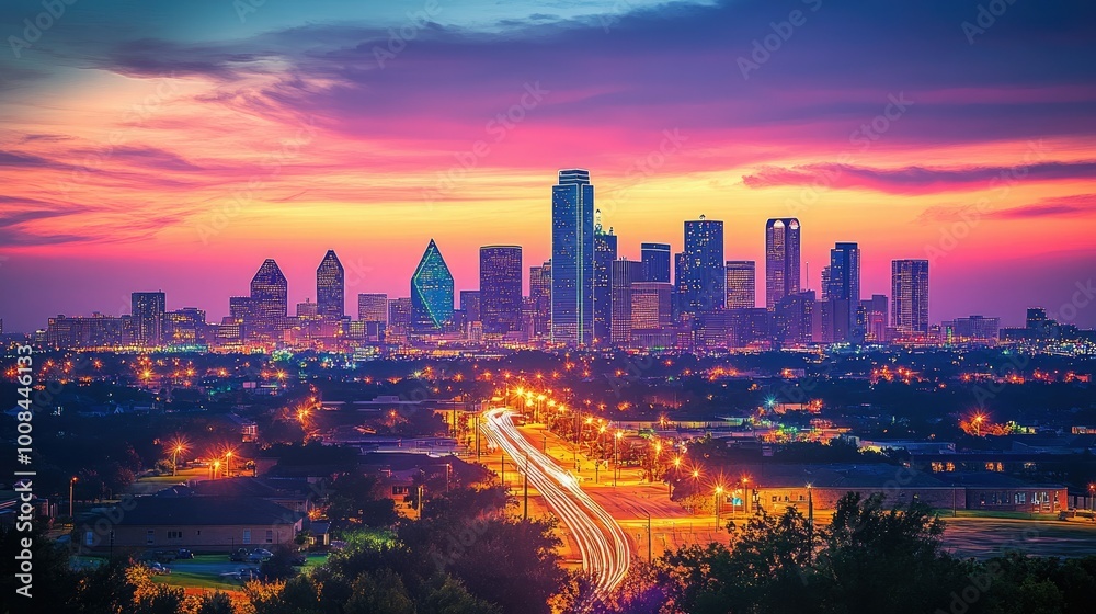 Fototapeta premium Dallas skyline at dusk, with the cityaes tall buildings outlined against a golden sunset, as evening lights begin to twinkle throughout the urban landscape.