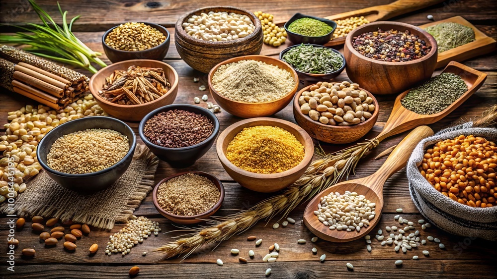 A Rustic Tabletop Display of Diverse Grains and Seeds, Showcasing the Abundance of Nature's Bounty A Rustic Tabletop Display of Diverse Grains and Seeds, Showcasing the Abundance of Nature's Bounty