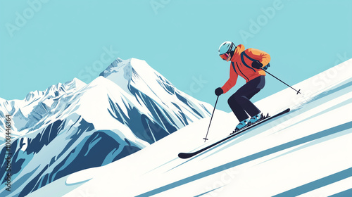 skier on a ski slope, skiing on ski resort, minimalist flat illustration, vector art poster, ski poster, Ultra-high resolution