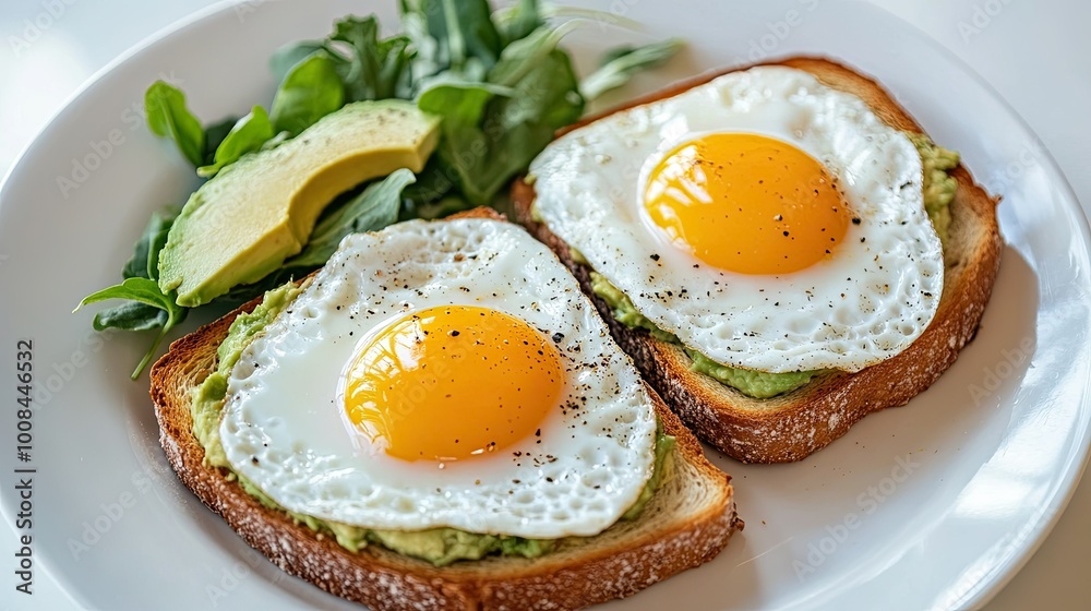 Delicious toast with fried eggs, mashed avocado, and fresh greens, arranged on a white plate for a balanced, healthy breakfast. Delicious toast with fried eggs, mashed avocado, and fresh greens, arranged on a white plate for a balanced, healthy breakfast.