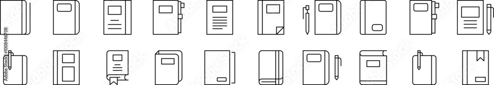 Notebook, Book for Notes Collection of Thin Icons. Editable Stroke. Suitable for Web Sites, Books, Cards, Apps Notebook, Book for Notes Collection of Thin Icons. Editable Stroke. Suitable for Web Sites, Books, Cards, Apps