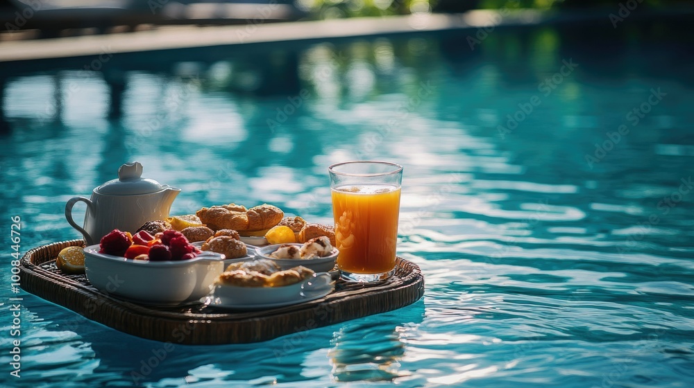 Luxury breakfast set floating on a tray in a resort swimming pool, featuring fresh juice, pastries, and fruit, creating a tranquil and indulgent experience Luxury breakfast set floating on a tray in a resort swimming pool, featuring fresh juice, pastries, and fruit, creating a tranquil and indulgent experience
