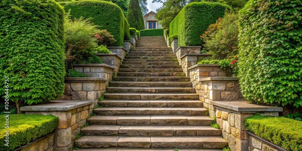 A Stone Stairway Ascending Through a Lush Garden, Flanked by Well-Trimmed Green Hedges and Stone Walls A Stone Stairway Ascending Through a Lush Garden, Flanked by Well-Trimmed Green Hedges and Stone Walls
