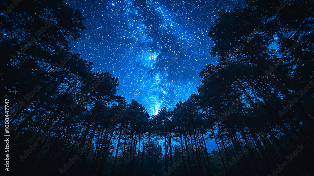 Naklejka premium Starry Night Sky with Milky Way Over a Forest Silhouette in a Serene and Cosmic Landscape