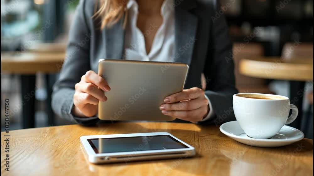 A businesswoman using a digital tablet to connect with potential clients via a professional networking app at a cafe A businesswoman using a digital tablet to connect with potential clients via a professional networking app at a cafe