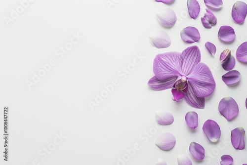 Elegant arrangement of purple orchid flowers surrounded by delicate petals on a clean background, showcasing the beauty of floral photography and nature-inspired art.






