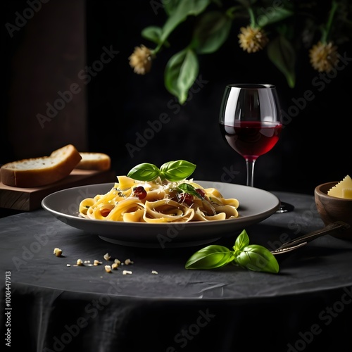 A beautifully plated gourmet pasta dish with fresh basil, Parmesan shavings, and a glass of red wine on a dark, elegant table setting.