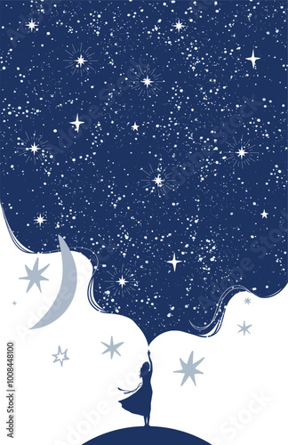 A woman touches the cosmos with her hand, mystical card of the universe, imagination, astrology. Zodiac banner with planets, stars and sun on blue space background. Flat vector illustration.