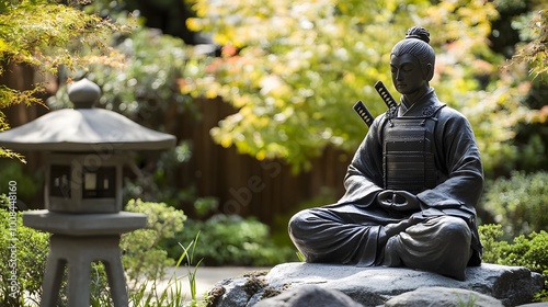 22. Samurai warrior figure meditating in front of a stone lantern in a garden