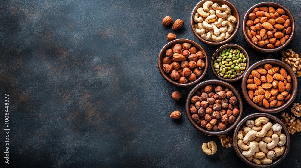 Assorted nuts and seeds in brown bowls on a dark background highlighting healthy snack options for any occasion Assorted nuts and seeds in brown bowls on a dark background highlighting healthy snack options for any occasion