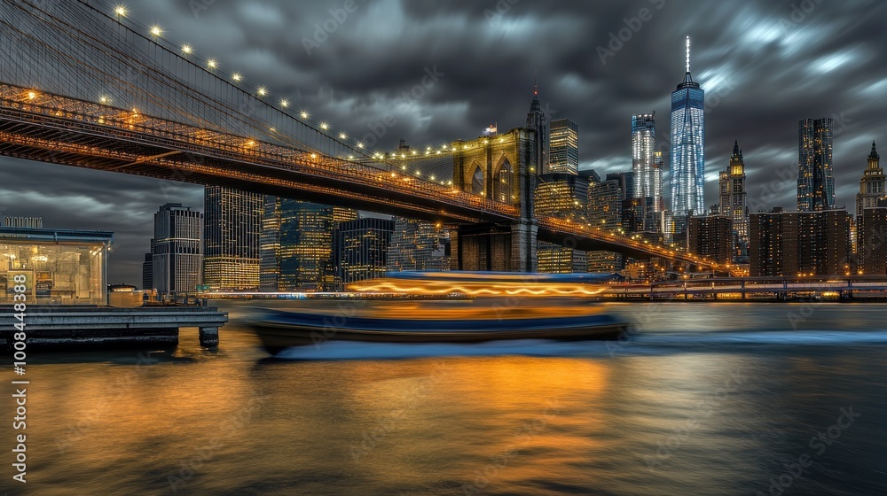 Fototapeta premium A vibrant cityscape at dusk, showcasing a bridge, skyline, and illuminated boat on water.