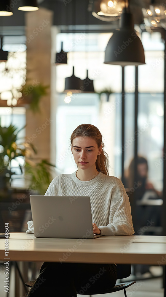 Fototapeta premium Confident Businesswoman Working in Sunlit Minimalist Office 