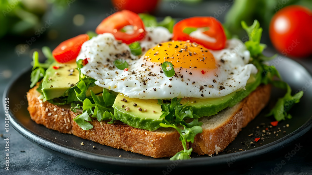 Photo of Avocado Toast with Fried Egg, Arugula, and Tomato Photo of Avocado Toast with Fried Egg, Arugula, and Tomato