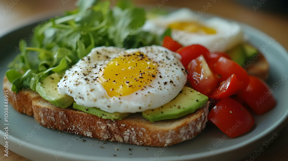 Photo of Avocado Toast with Poached Egg, Tomatoes, and Arugula Photo of Avocado Toast with Poached Egg, Tomatoes, and Arugula