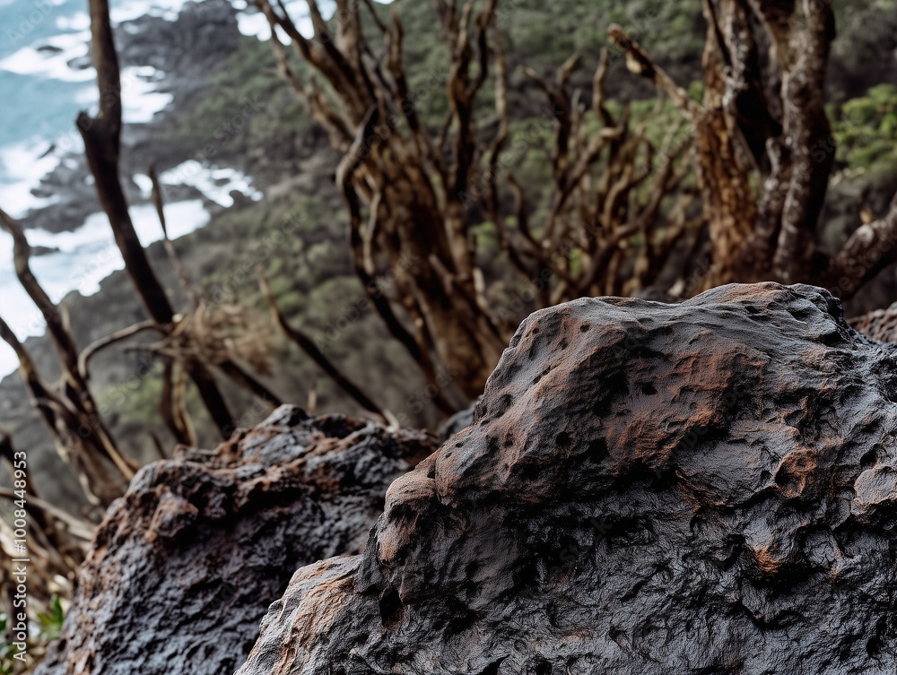 Backdrop or background for produxt photography for close-up photo of trees on the rocky cliffside, with the ocean in the background, mossy rocks, and a dense forest Backdrop or background for produxt photography for close-up photo of trees on the rocky cliffside, with the ocean in the background, mossy rocks, and a dense forest