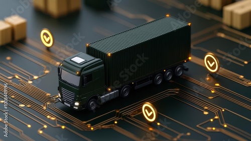 Cargo being tracked on a digital logistics platform, with glowing security icons ensuring safe and encrypted shipment tracking