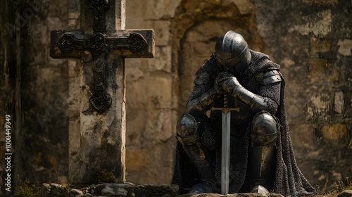23. Knight figure kneeling in prayer with a sword beside a medieval cross