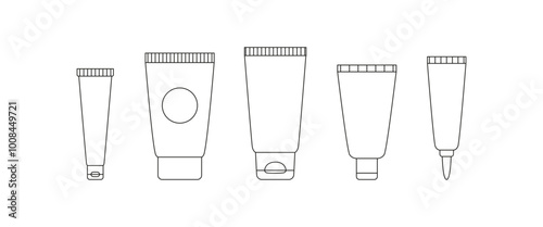 Linear cosmetics tubes icons. Packaging. Skin and body care, beauty routine. Organic cosmetics doodles. Coloring book.