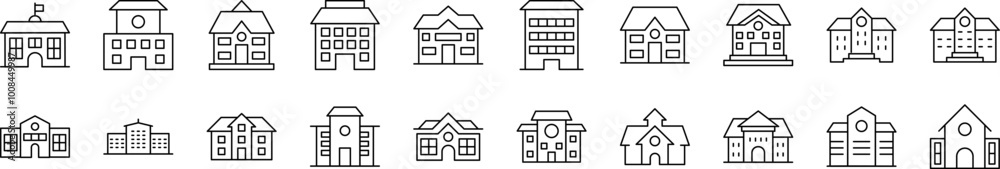 Building Icon Set for UI, Placards, Books, Apps. Editable Stroke. Suitable for Web Sites, Books, Cards, Apps