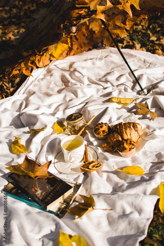 Fototapeta premium Cup of tea, books and some snacks on white sheet with umbrella made of autumn leaves