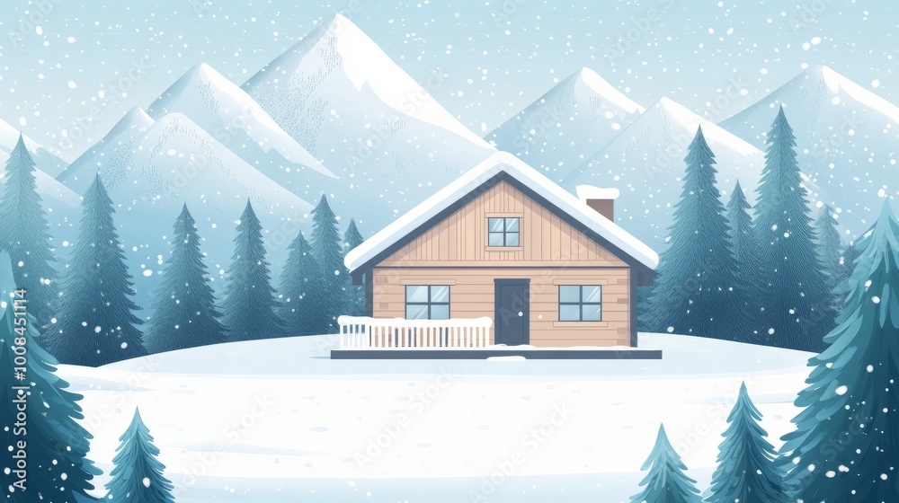 Cozy cabin in snowy mountains with evergreen trees. Cozy cabin in snowy mountains with evergreen trees.